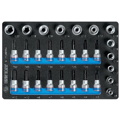 KING TONY Набор торцевых насадок и головок 1/2", 3/8", Torx, Hex, Е6-Е20, ложемент, 28 предметов KING TONY 9-7128PRV