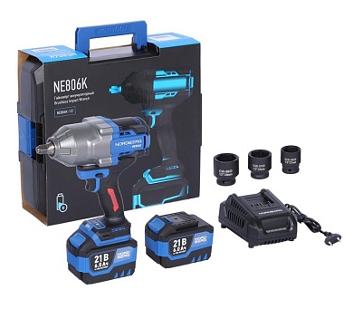 Гайковерт аккумуляторный, 1/2", 21 В, 1500 Нм, 2 аккумулятора 6 A и зарядное устройство, в кейсе NORDBERG NE806K-1/2